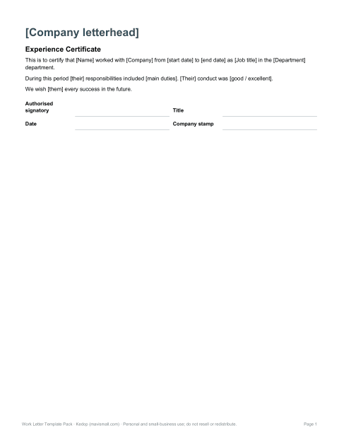 Preview of the first page of Experience certificate (DOCX/PDF)